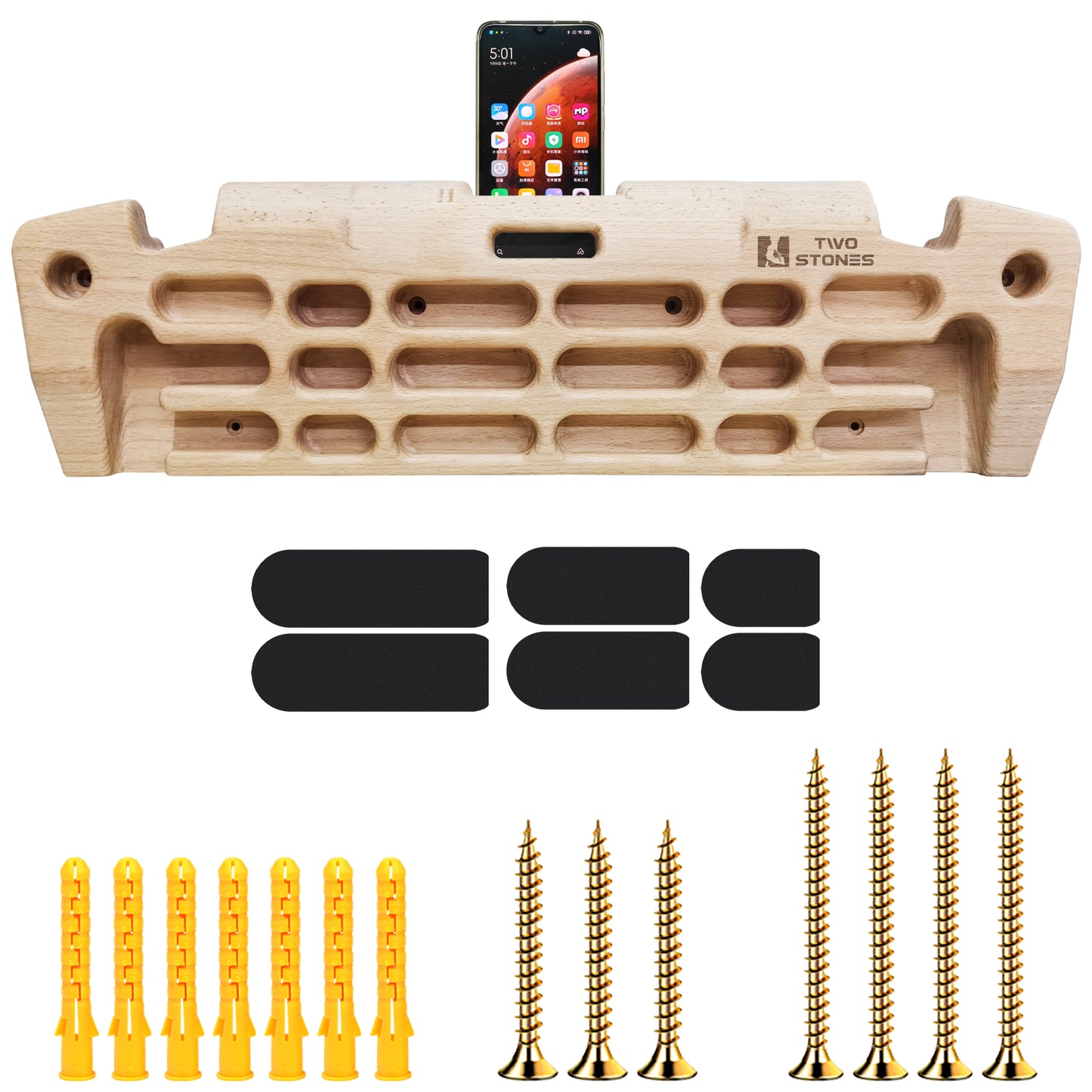 Hangboard Rock Climbing Hangboard with Phone Holder, Band Holder, Jugs, Cracks, Pinches, Pockets, Edges and Slopes; Wood Hang Board for Climbing