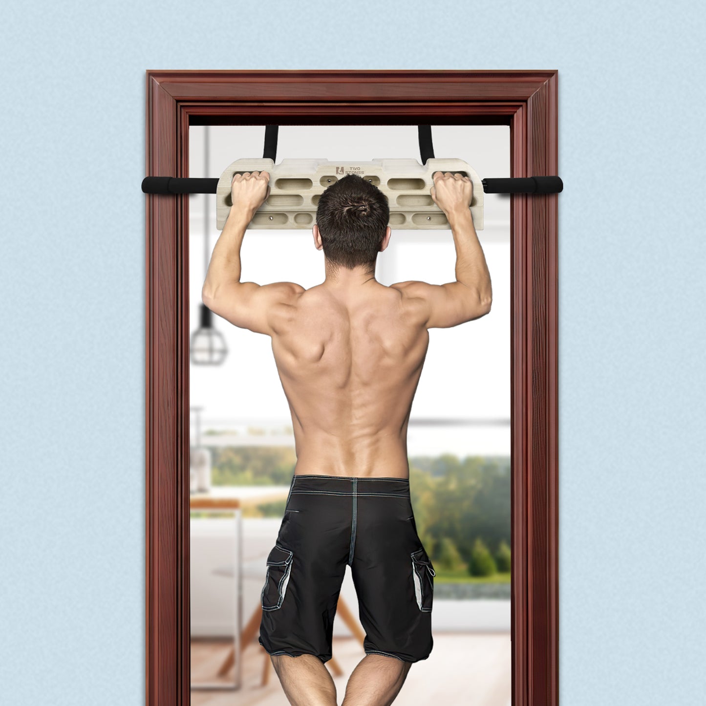 TWO STONES Hangboard Rock Climbing Hangboard with Door Way Pull Up Bar; Including Jugs, Pinches, Pockets, Edges and Slopes for Rock Climbing Training
