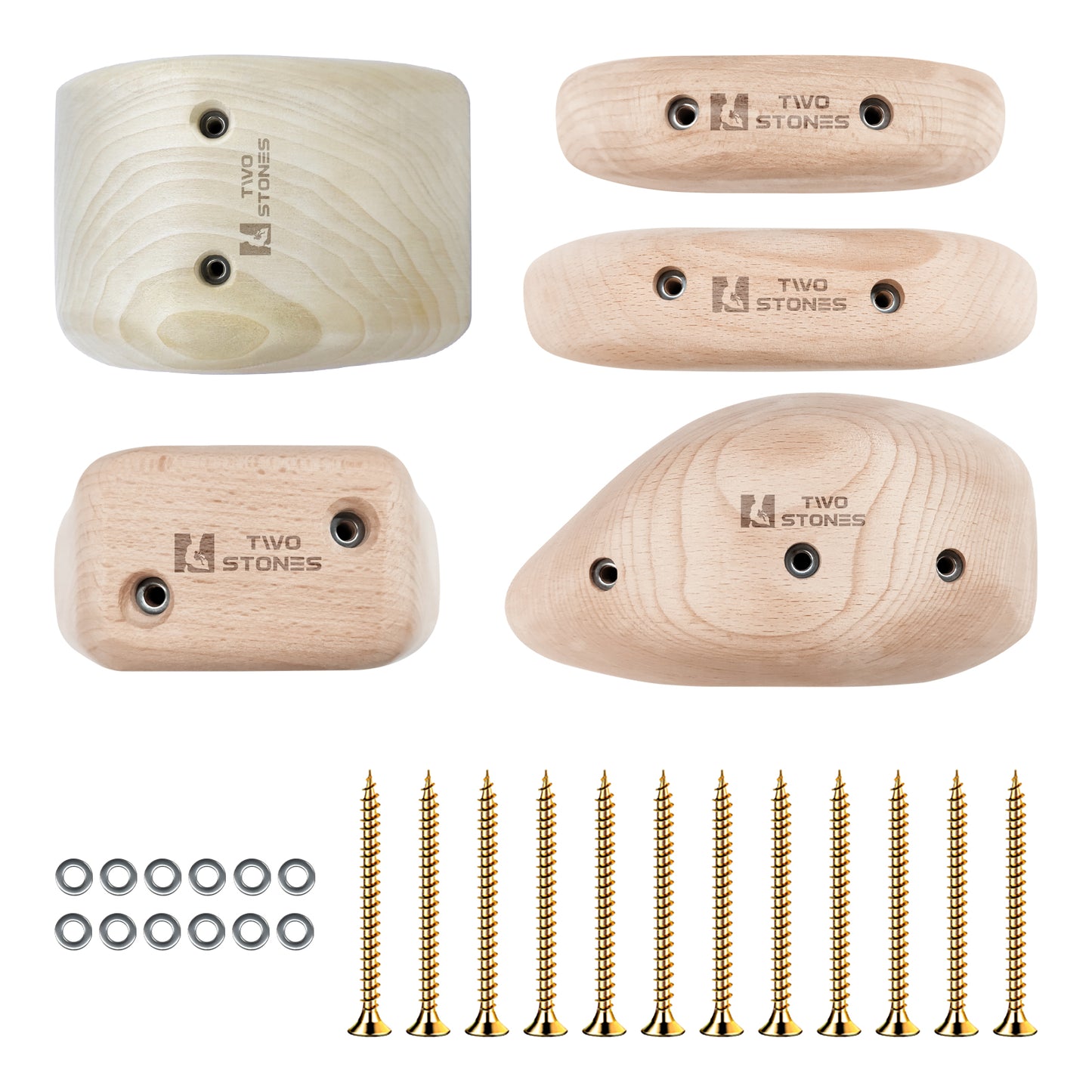 TWO STONES Wooden Rock Climbing Holds for Adults | Wood Rock Wall Climbing Holds | Variety Screw On Climbing Hold Grips Set with Mounting Hardware (CJ-HD5in1-B-TS)