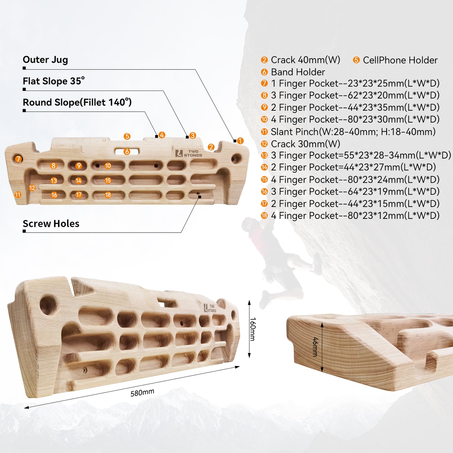 Hangboard Rock Climbing Hangboard with Phone Holder, Band Holder, Jugs, Cracks, Pinches, Pockets, Edges and Slopes; Wood Hang Board for Climbing