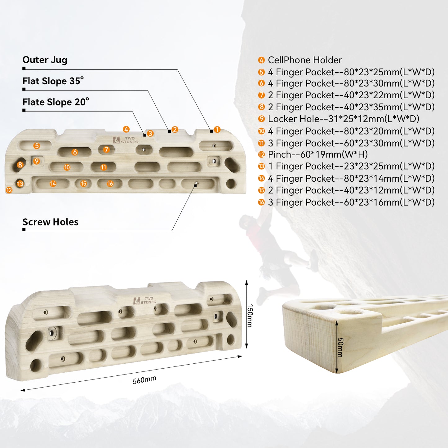 TWO STONES Hangboard Rock Climbing Hangboard with Door Way Pull Up Bar; Including Jugs, Pinches, Pockets, Edges and Slopes for Rock Climbing Training