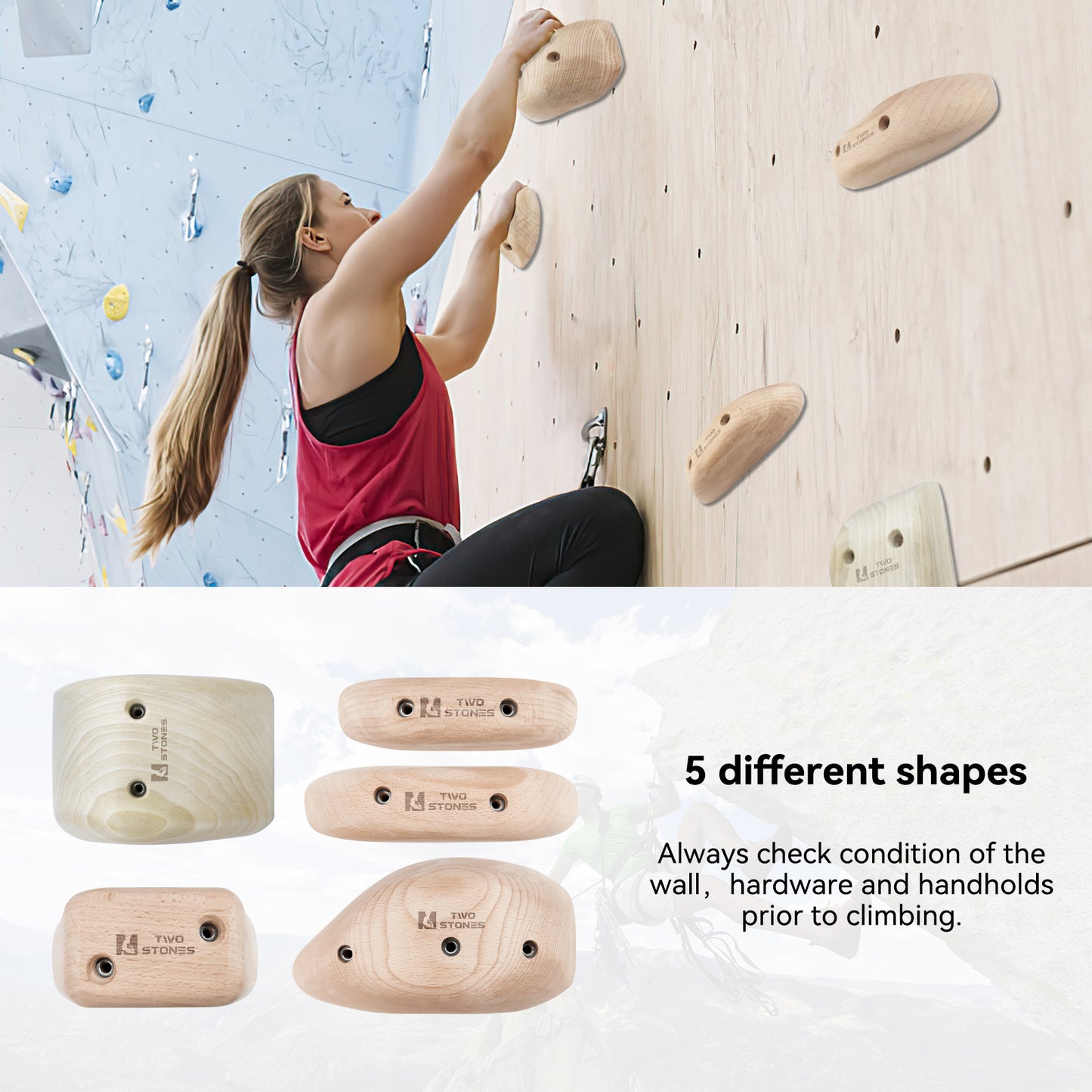 TWO STONES Wooden Rock Climbing Holds for Adults | Wood Rock Wall Climbing Holds | Variety Screw On Climbing Hold Grips Set with Mounting Hardware (CJ-HD5in1-B-TS)