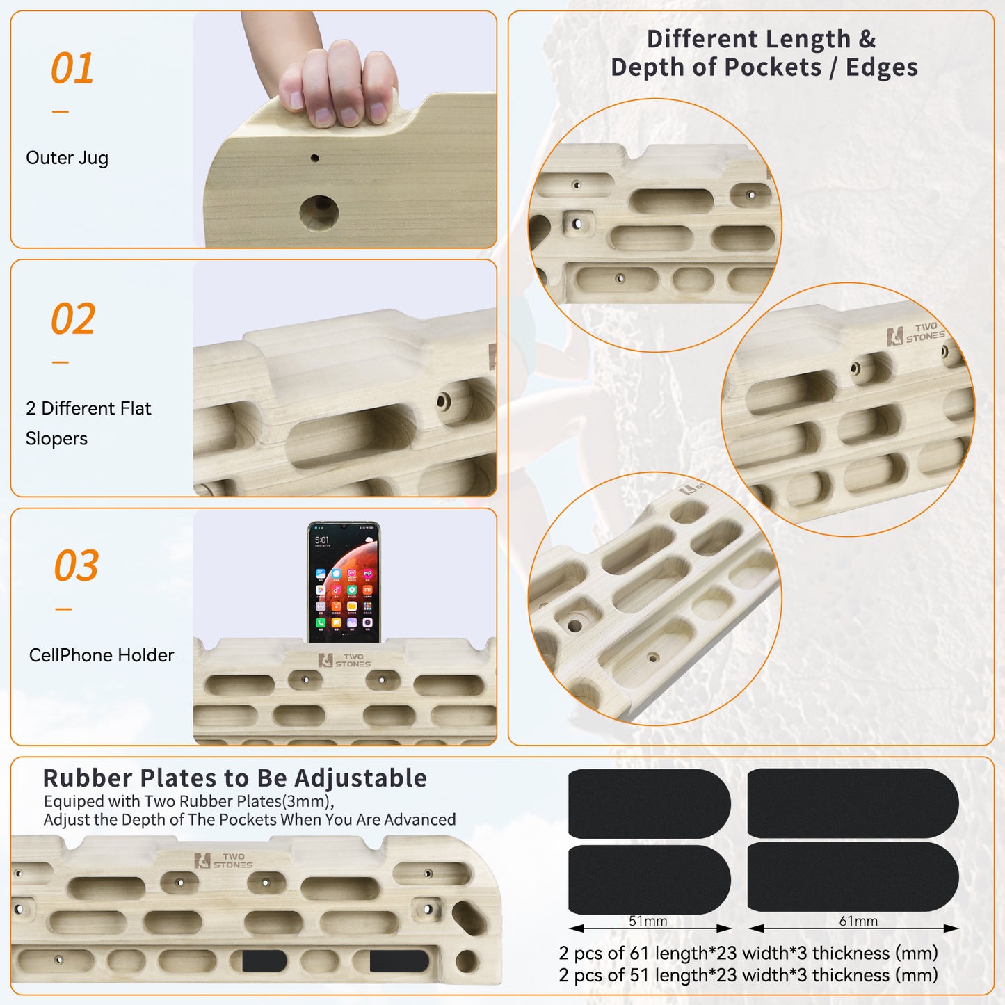 TWO STONES Hangboard Rock Climbing Hangboard with Door Way Pull Up Bar; Including Jugs, Pinches, Pockets, Edges and Slopes for Rock Climbing Training