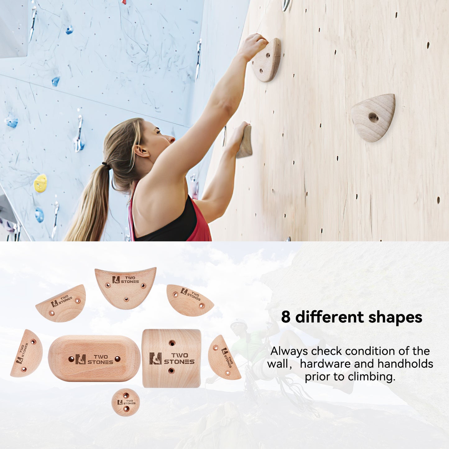 TWO STONES Wooden Rock Climbing Holds Kids and Adults Wood Rock Wall Climbing Holds Kids and Gyms Variety Screw On Climbing Hand Holds Set with Mounting Hardware(CJ-HD8in1-A-TS)