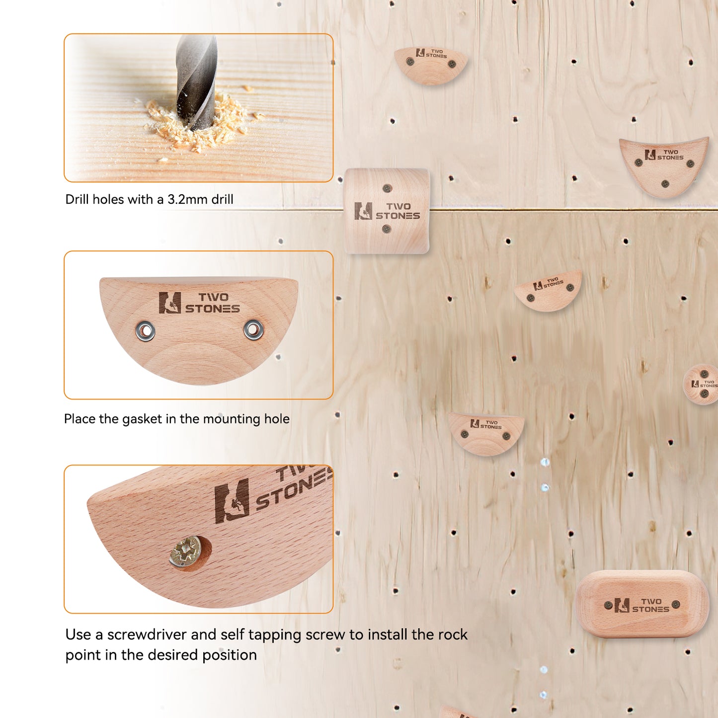 TWO STONES Wooden Rock Climbing Holds Kids and Adults Wood Rock Wall Climbing Holds Kids and Gyms Variety Screw On Climbing Hand Holds Set with Mounting Hardware(CJ-HD8in1-A-TS)