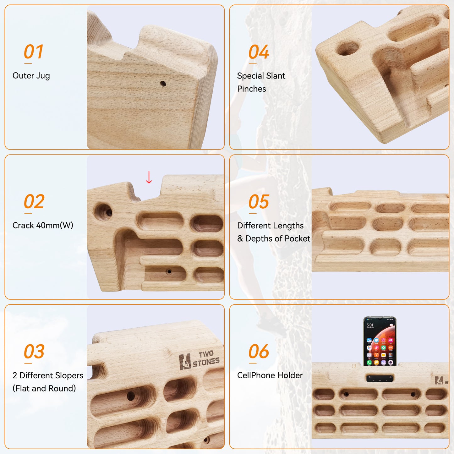 Hangboard Rock Climbing Hangboard with Phone Holder, Band Holder, Jugs, Cracks, Pinches, Pockets, Edges and Slopes; Wood Hang Board for Climbing