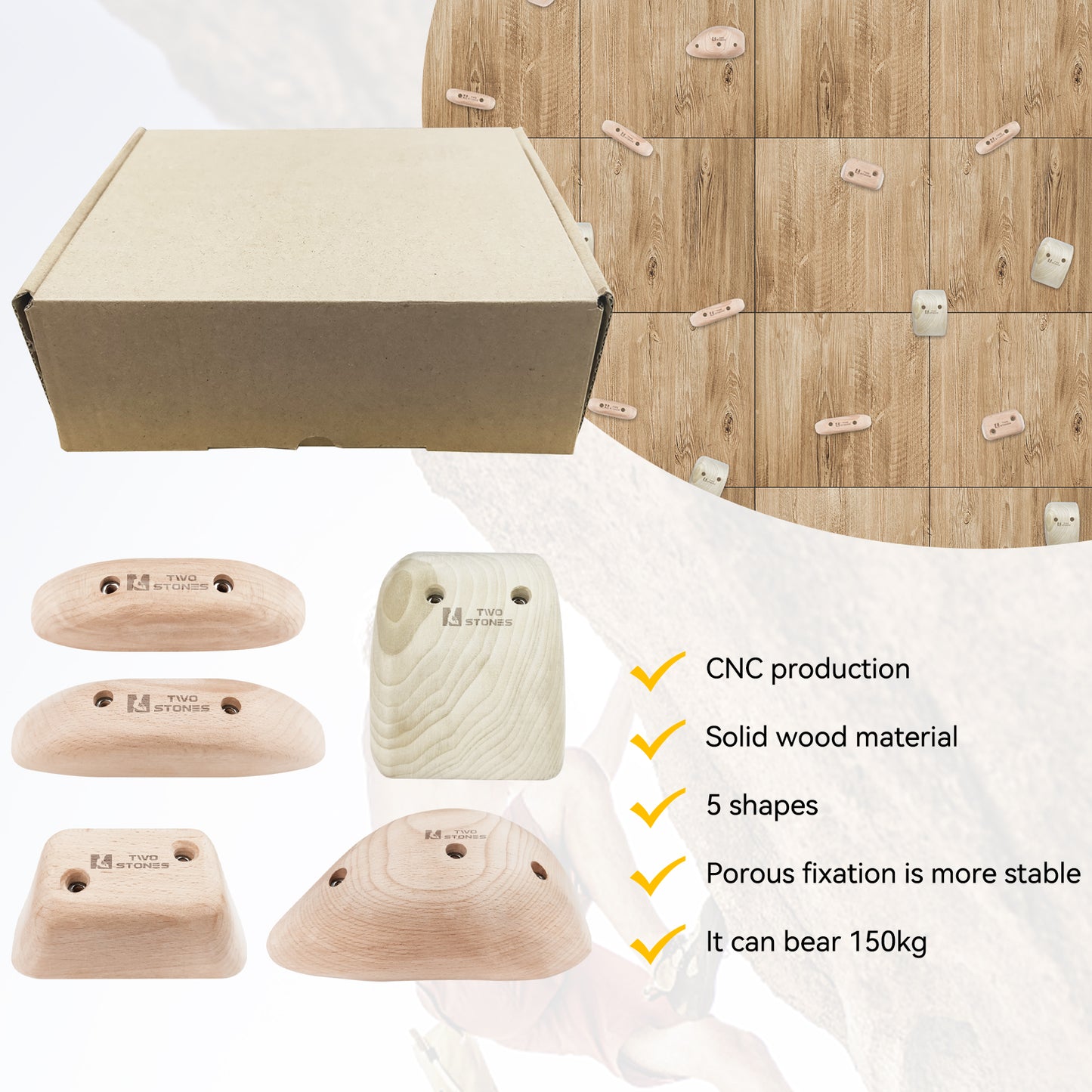 TWO STONES Wooden Rock Climbing Holds for Adults | Wood Rock Wall Climbing Holds | Variety Screw On Climbing Hold Grips Set with Mounting Hardware (CJ-HD5in1-B-TS)