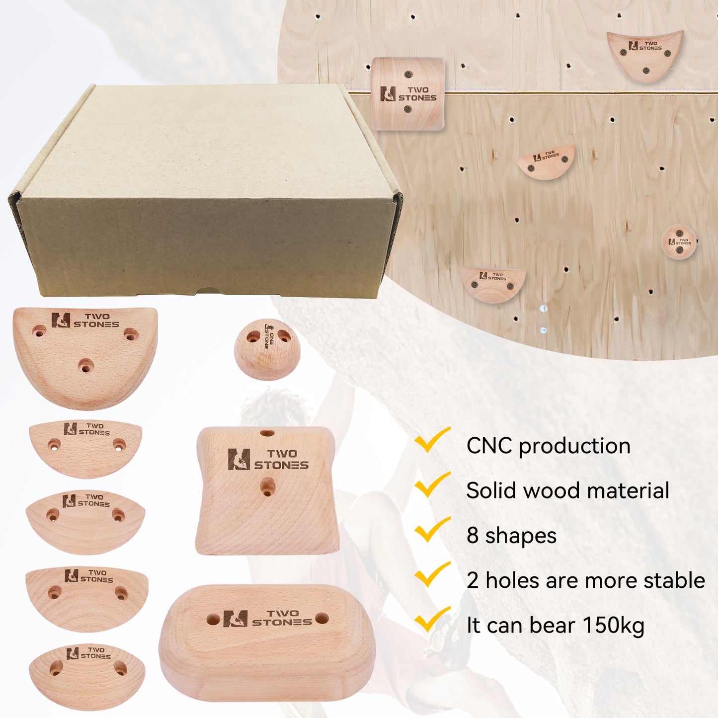 TWO STONES Wooden Rock Climbing Holds Kids and Adults Wood Rock Wall Climbing Holds Kids and Gyms Variety Screw On Climbing Hand Holds Set with Mounting Hardware(CJ-HD8in1-A-TS)