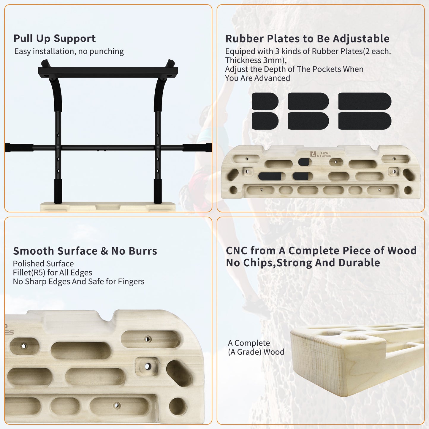TWO STONES Hangboard Rock Climbing Hangboard with Door Way Pull Up Bar; Including Jugs, Pinches, Pockets, Edges and Slopes for Rock Climbing Training