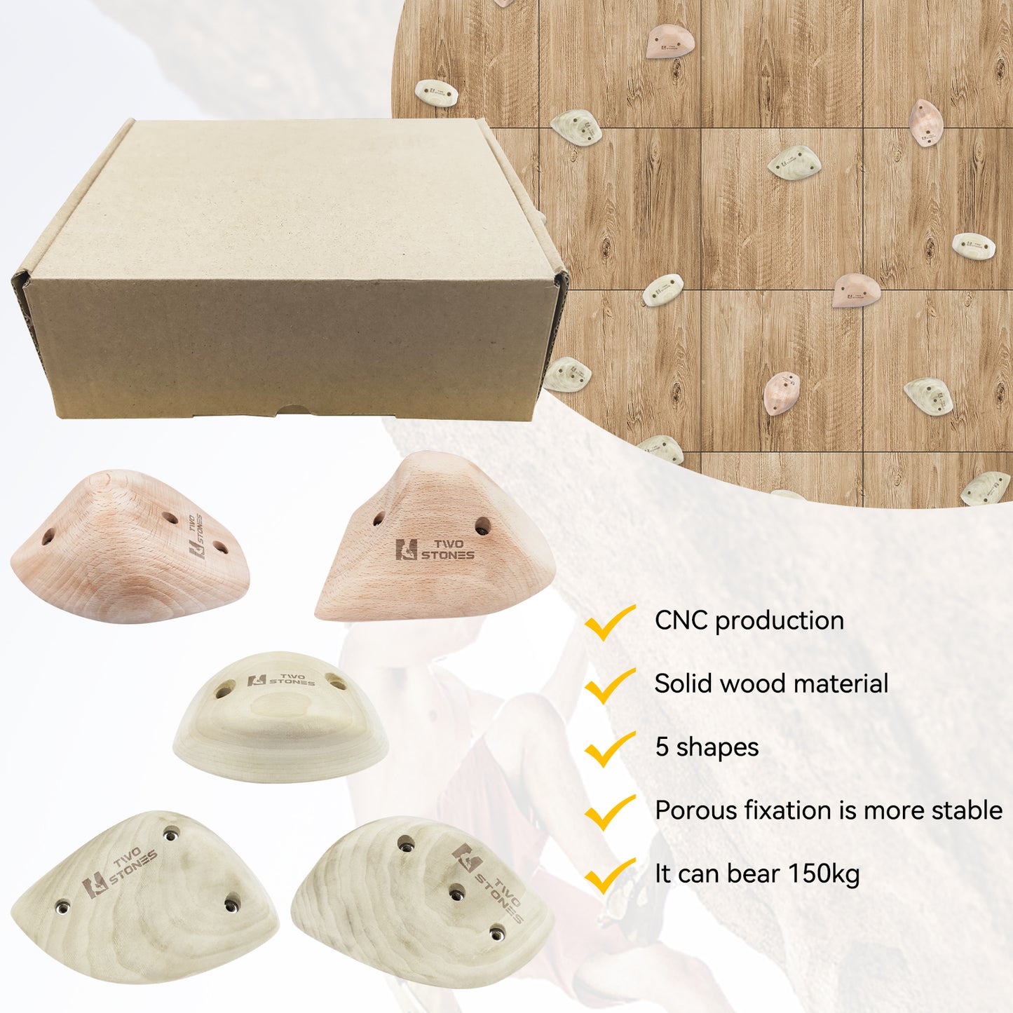 TWO STONES Wooden Rock Climbing Holds for Adults Wood Rock Wall Climbing Holds for Gyms Variety Screw On Climbing Hand Holds Set with Mounting Hardware(CJ-HD5in1-A-TS)
