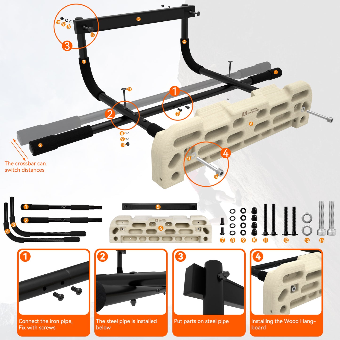 TWO STONES Hangboard Rock Climbing Hangboard with Door Way Pull Up Bar; Including Jugs, Pinches, Pockets, Edges and Slopes for Rock Climbing Training