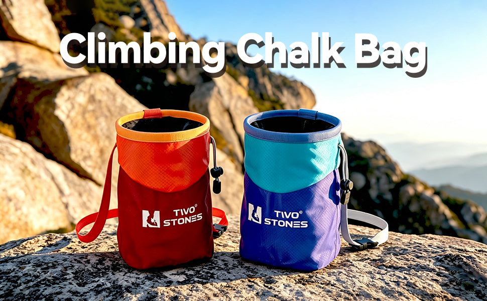 Lightweight climbing chalk bag, available in red and blue for indoor and outdoor climbing.