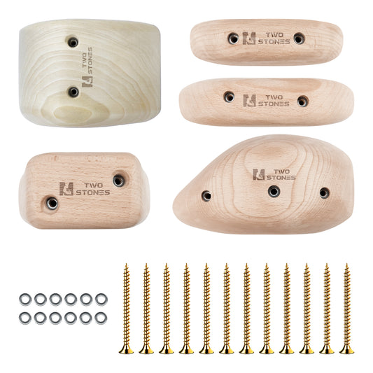 TWO STONES Wooden Rock Climbing Holds for Adults | Wood Rock Wall Climbing Holds | Variety Screw On Climbing Hold Grips Set with Mounting Hardware (CJ-HD5in1-B-TS)