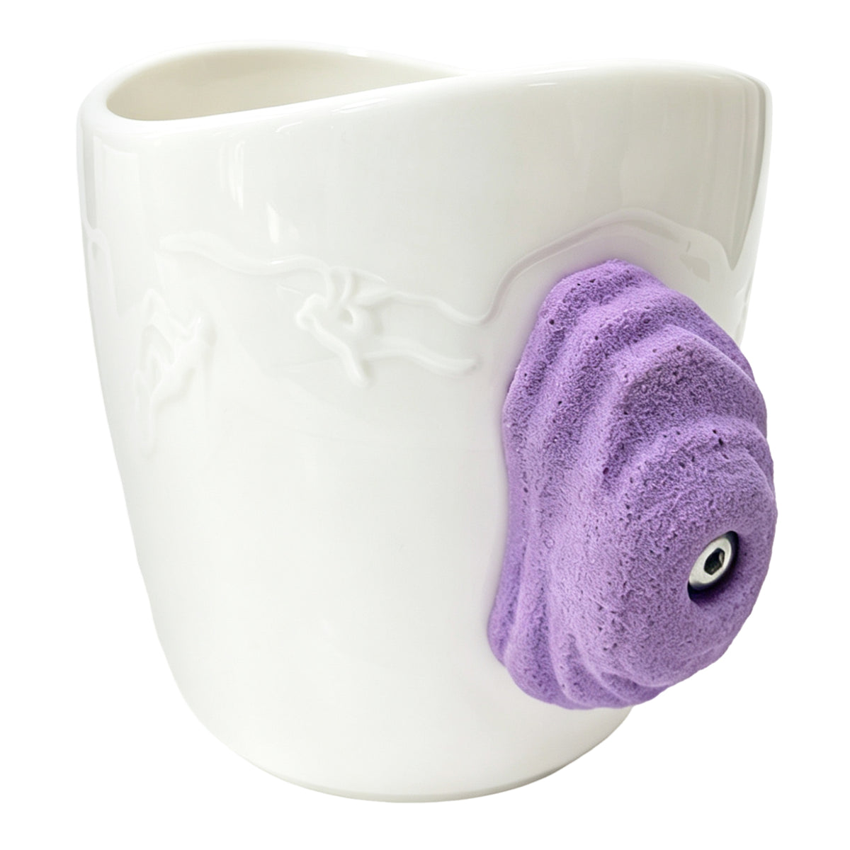 White ceramic climbing mug with a 3D purple climbing hold handle and decorative bolt detail