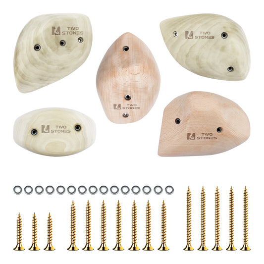 TWO STONES Wooden Rock Climbing Holds for Adults Wood Rock Wall Climbing Holds for Gyms  Variety Screw On Climbing Hand Holds Set with Mounting Hardware(CJ-HD5in1-A-TS)