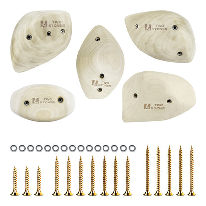 TWO STONES Wooden Rock Climbing Holds for Adults Wood Rock Wall Climbing Holds for Gyms  Variety Screw On Climbing Hand Holds Set with Mounting Hardware(CJ-HD5in1-A-TS)