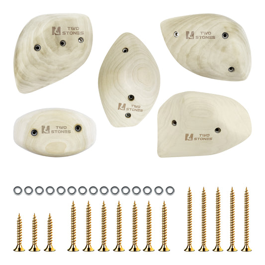 TWO STONES Wooden Rock Climbing Holds for Adults Wood Rock Wall Climbing Holds for Gyms  Variety Screw On Climbing Hand Holds Set with Mounting Hardware(CJ-HD5in1-A-TS)