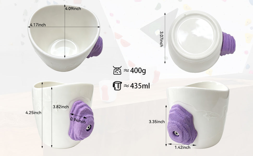 Rock climbing ceramic mug dimensions, 435 ml capacity, approximately 400 g weight