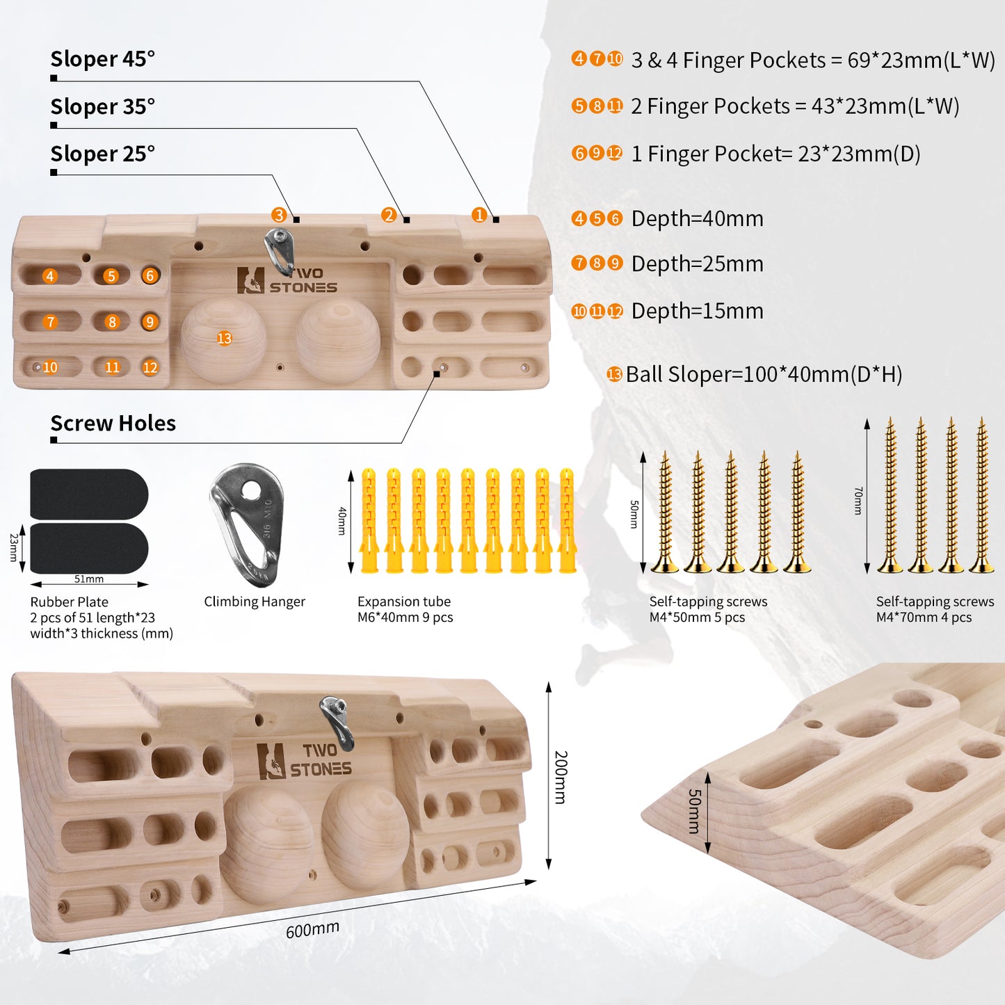 TWO STONES Wooden Hangboard Rock Climbing Pull Up Bar Designed Training for Climbing, Wooden Fingerboard Climbing Training Board