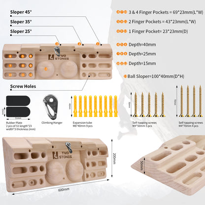 TWO STONES Wooden Hangboard Rock Climbing Pull Up Bar Designed Training for Climbing, Wooden Fingerboard Climbing Training Board