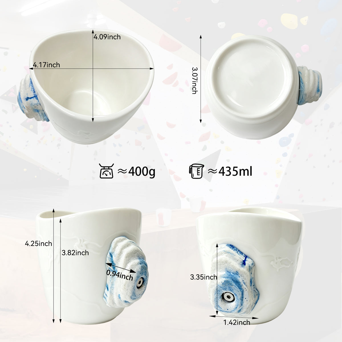 Rock climbing mug product dimensions and views showing the ceramic cup and 3D climbing hold handle