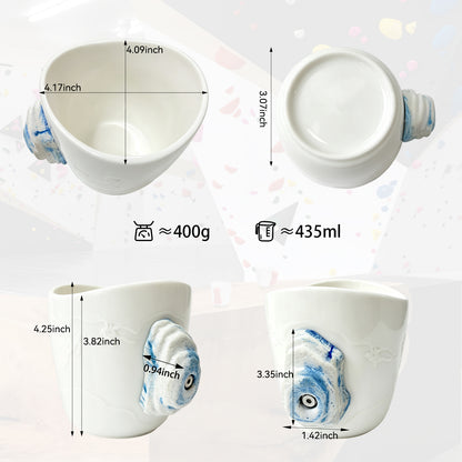 Rock climbing mug product dimensions and views showing the ceramic cup and 3D climbing hold handle