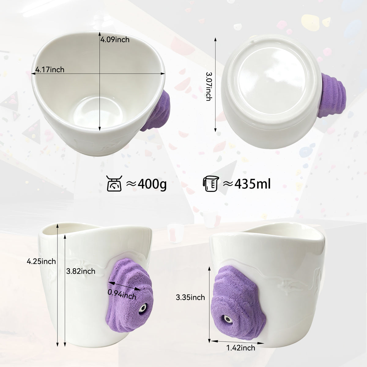Rock climbing mug product dimensions and views showing the ceramic cup and 3D climbing hold handle
