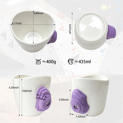 Rock climbing mug product dimensions and views showing the ceramic cup and 3D climbing hold handle
