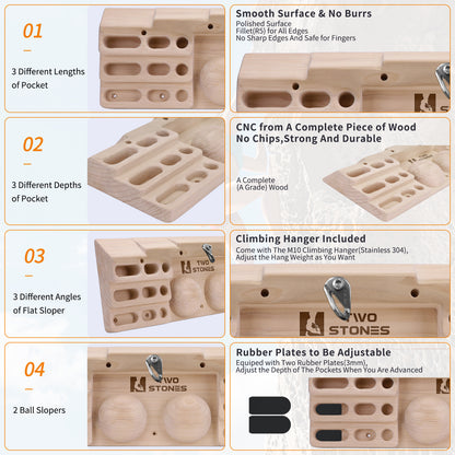 TWO STONES Wooden Hangboard Rock Climbing Pull Up Bar Designed Training for Climbing, Wooden Fingerboard Climbing Training Board