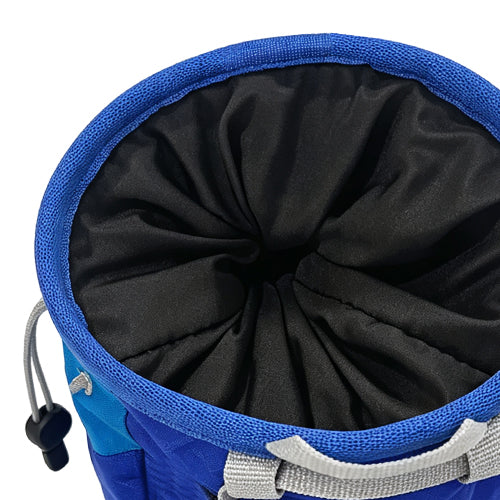Drawstring closure effectively minimizes chalk spillage.