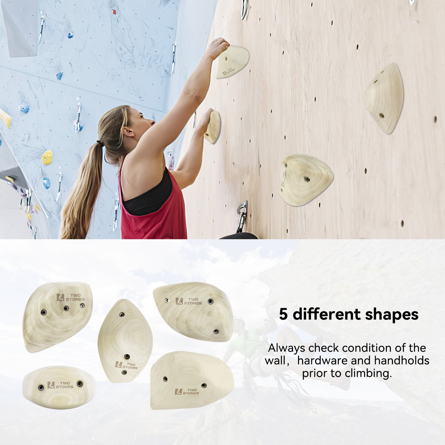TWO STONES Wooden Rock Climbing Holds for Adults Wood Rock Wall Climbing Holds for Gyms  Variety Screw On Climbing Hand Holds Set with Mounting Hardware(CJ-HD5in1-A-TS)
