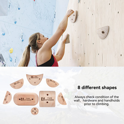 TWO STONES Wooden Rock Climbing Holds Kids and Adults Wood Rock Wall Climbing Holds Kids and Gyms Variety Screw On Climbing Hand Holds Set with Mounting Hardware(CJ-HD8in1-A-TS)