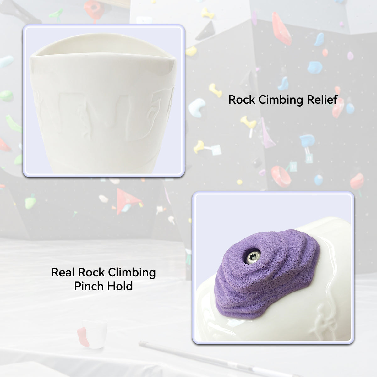 White ceramic rock climbing mug with a 3D climbing hold handle, shown with product features and details