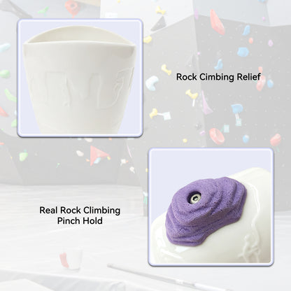 White ceramic rock climbing mug with a 3D climbing hold handle, shown with product features and details