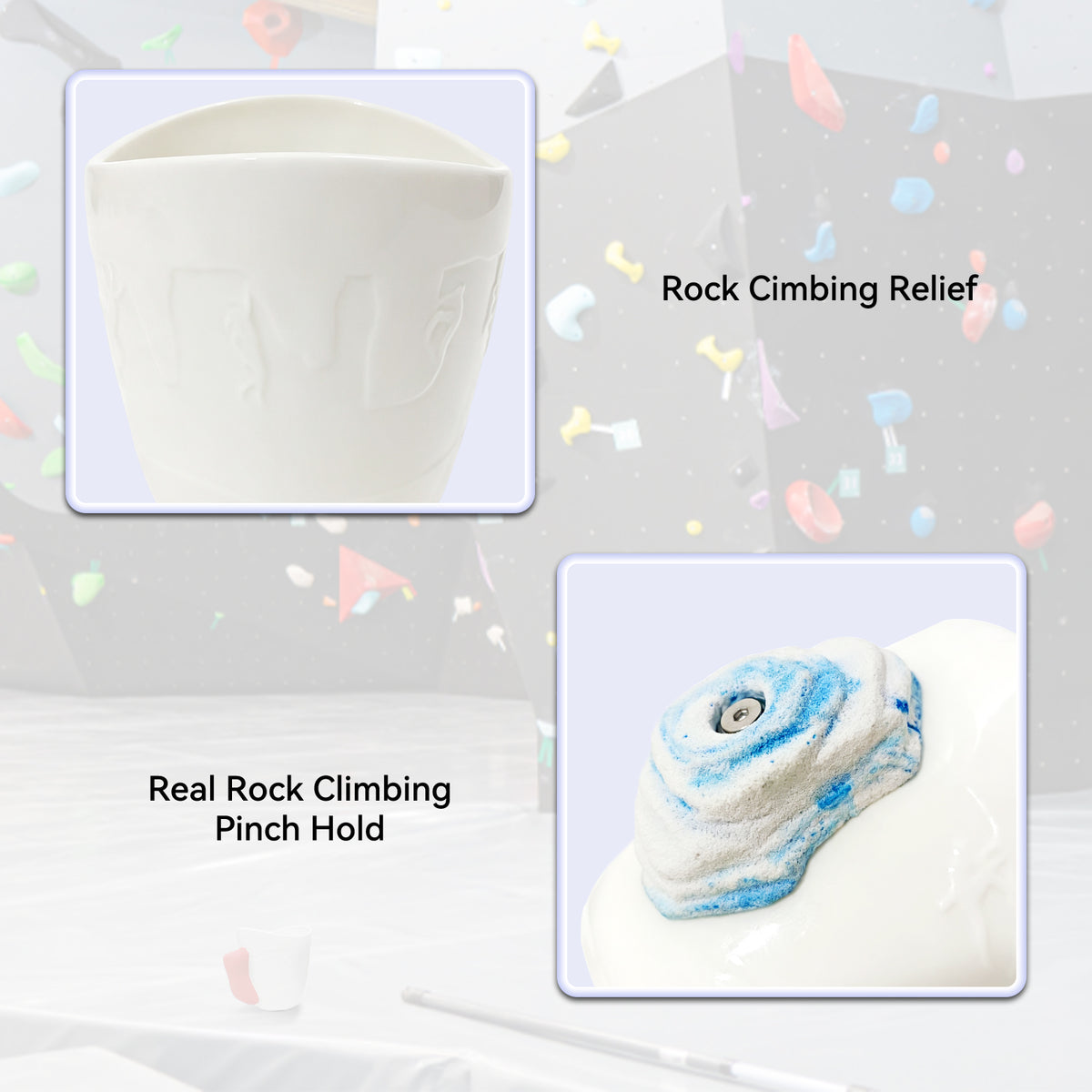 White ceramic rock climbing mug with a 3D climbing hold handle, shown with product features and details