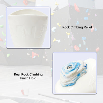 White ceramic rock climbing mug with a 3D climbing hold handle, shown with product features and details