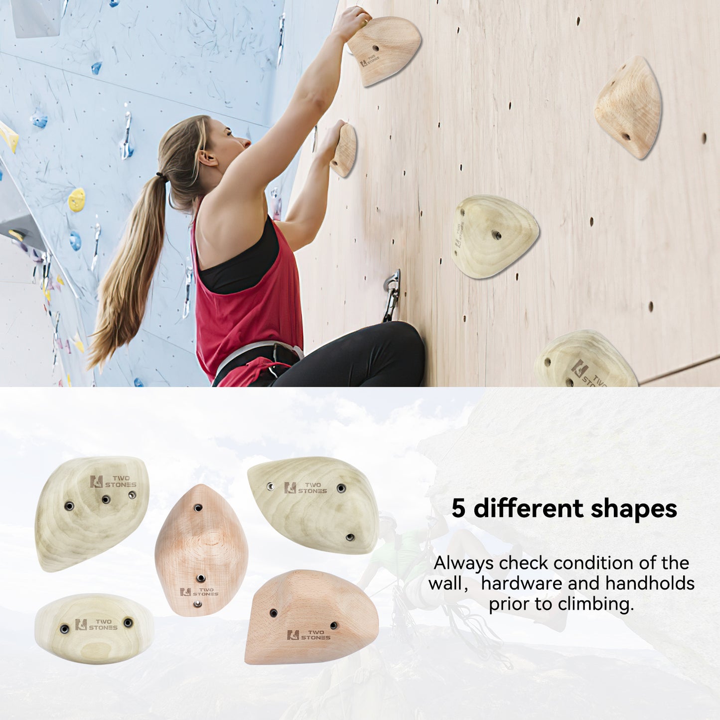 TWO STONES Wooden Rock Climbing Holds for Adults Wood Rock Wall Climbing Holds for Gyms  Variety Screw On Climbing Hand Holds Set with Mounting Hardware(CJ-HD5in1-A-TS)