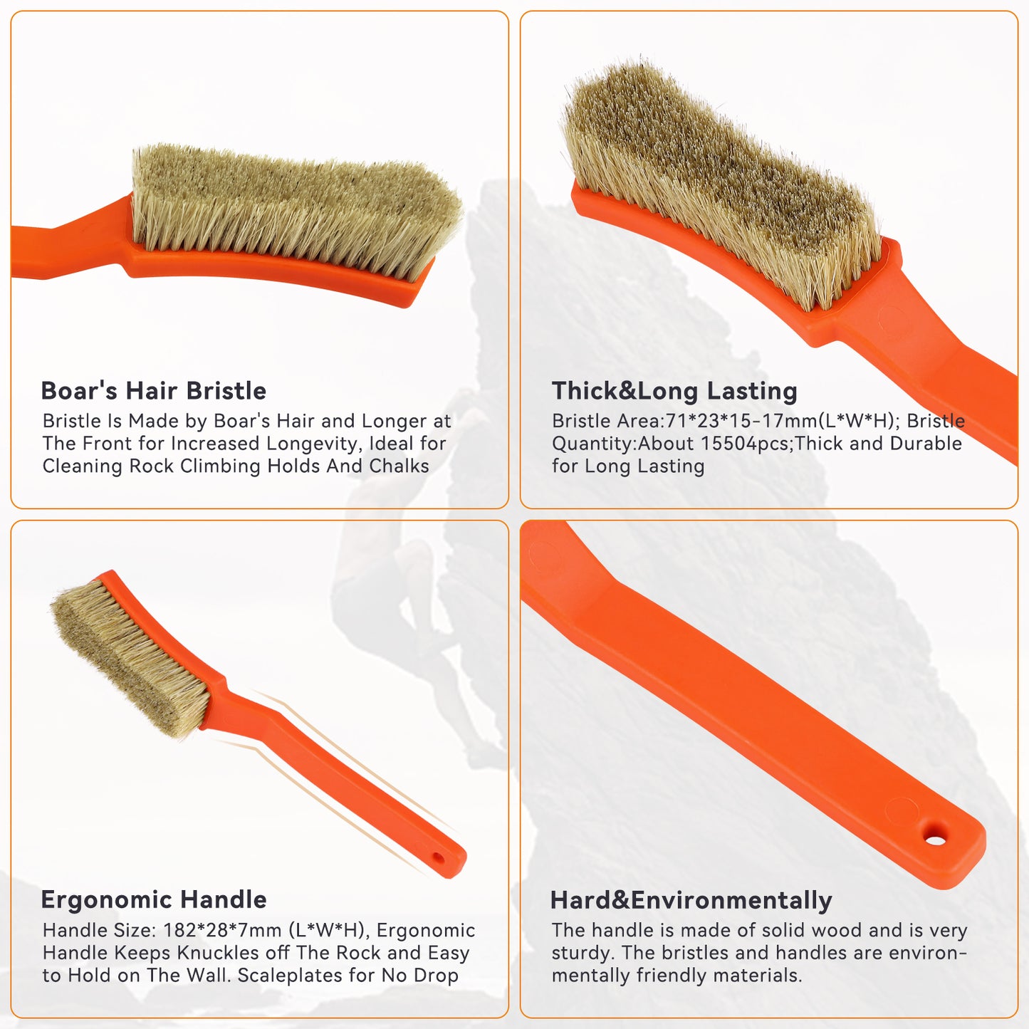 TWO STONES Bouldering Brush with Thick Ultra Durable Boar's Hair Bristles for Rock Climbing Holds on Climbing Wall