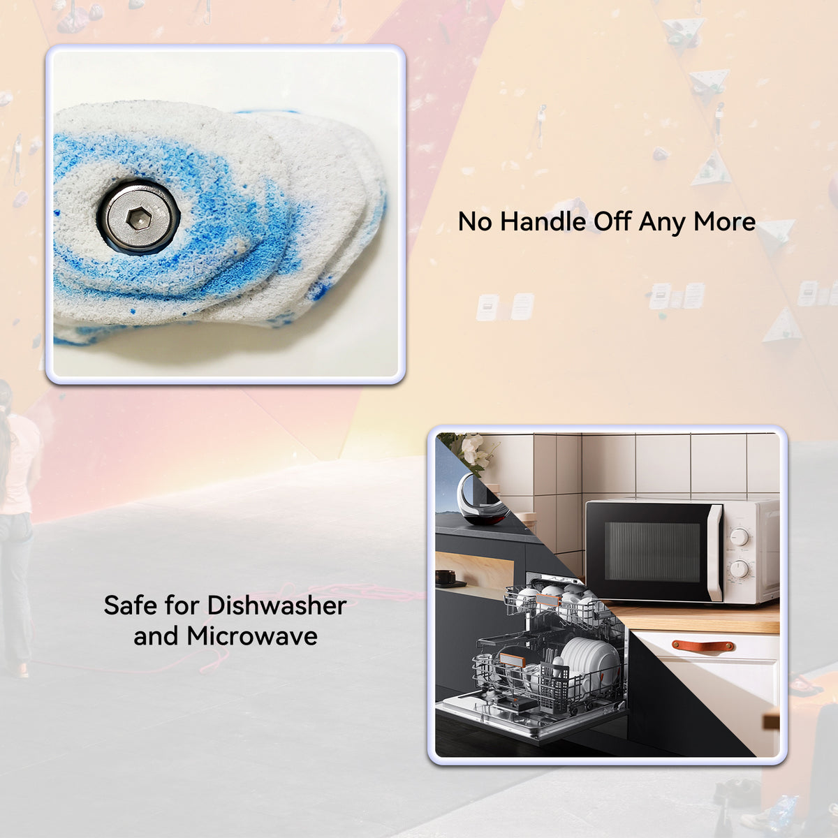 Blue-speckled 3D climbing hold handle mug with close-up details and a coffee drinking scene