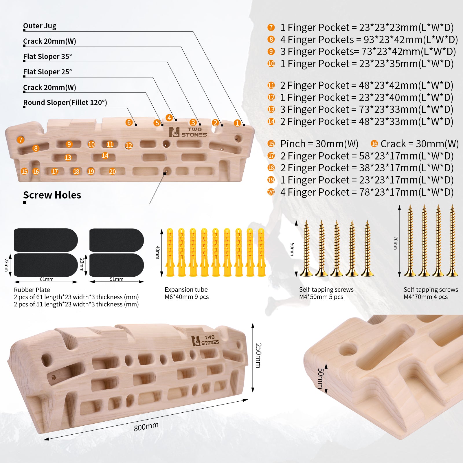 wooden climbing hangboard dimensions with finger pockets and edge measurements