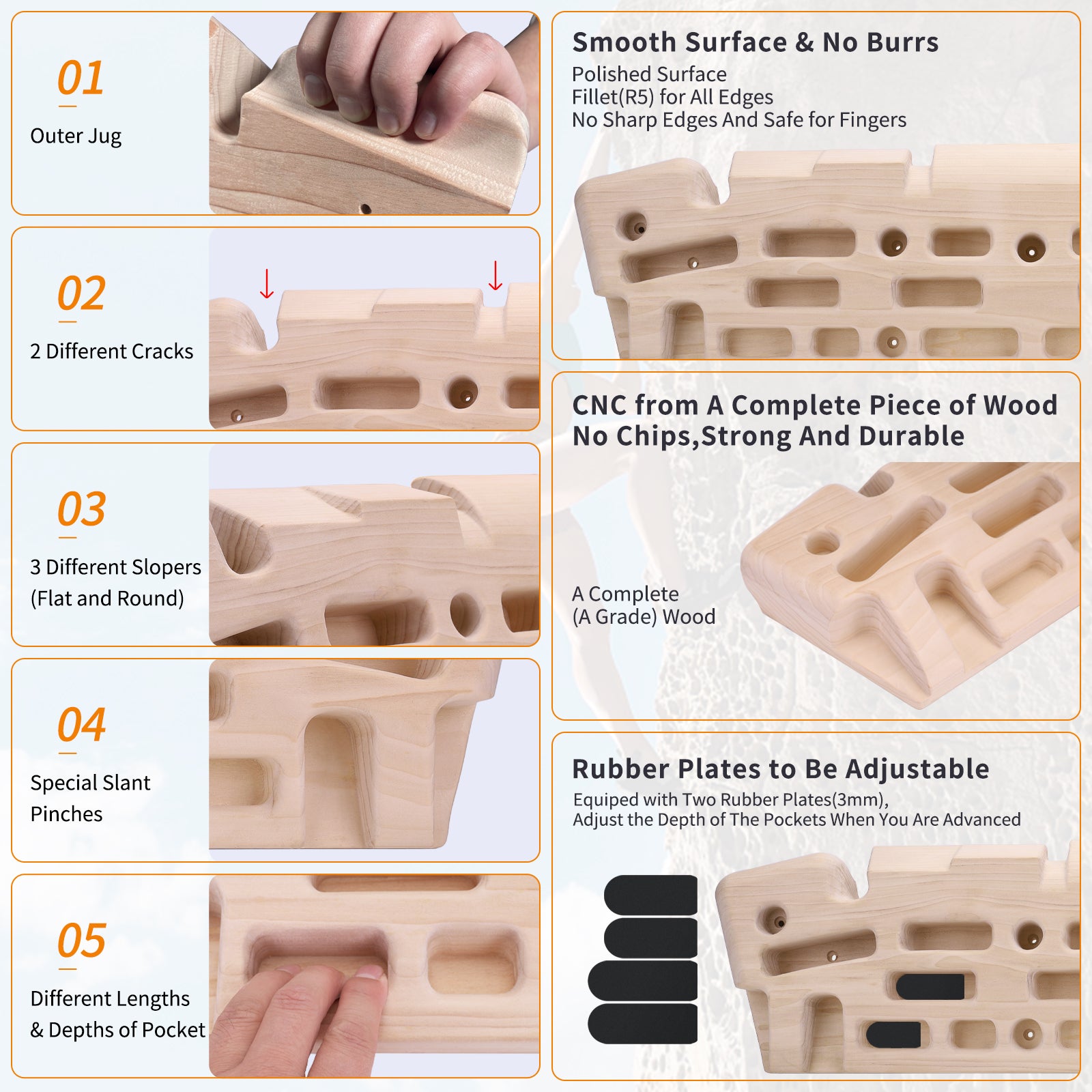 CNC milled wooden climbing hangboard with smooth edges and multi grip holds
