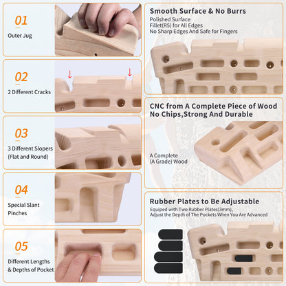 CNC milled wooden climbing hangboard with smooth edges and multi grip holds