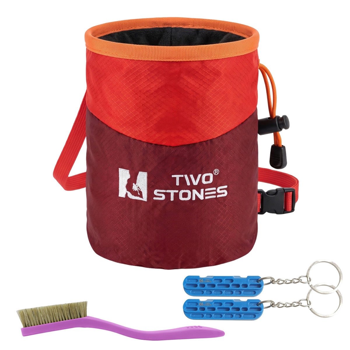 TWO STONES red climbing chalk bag set with climbing brush and two hand and finger files