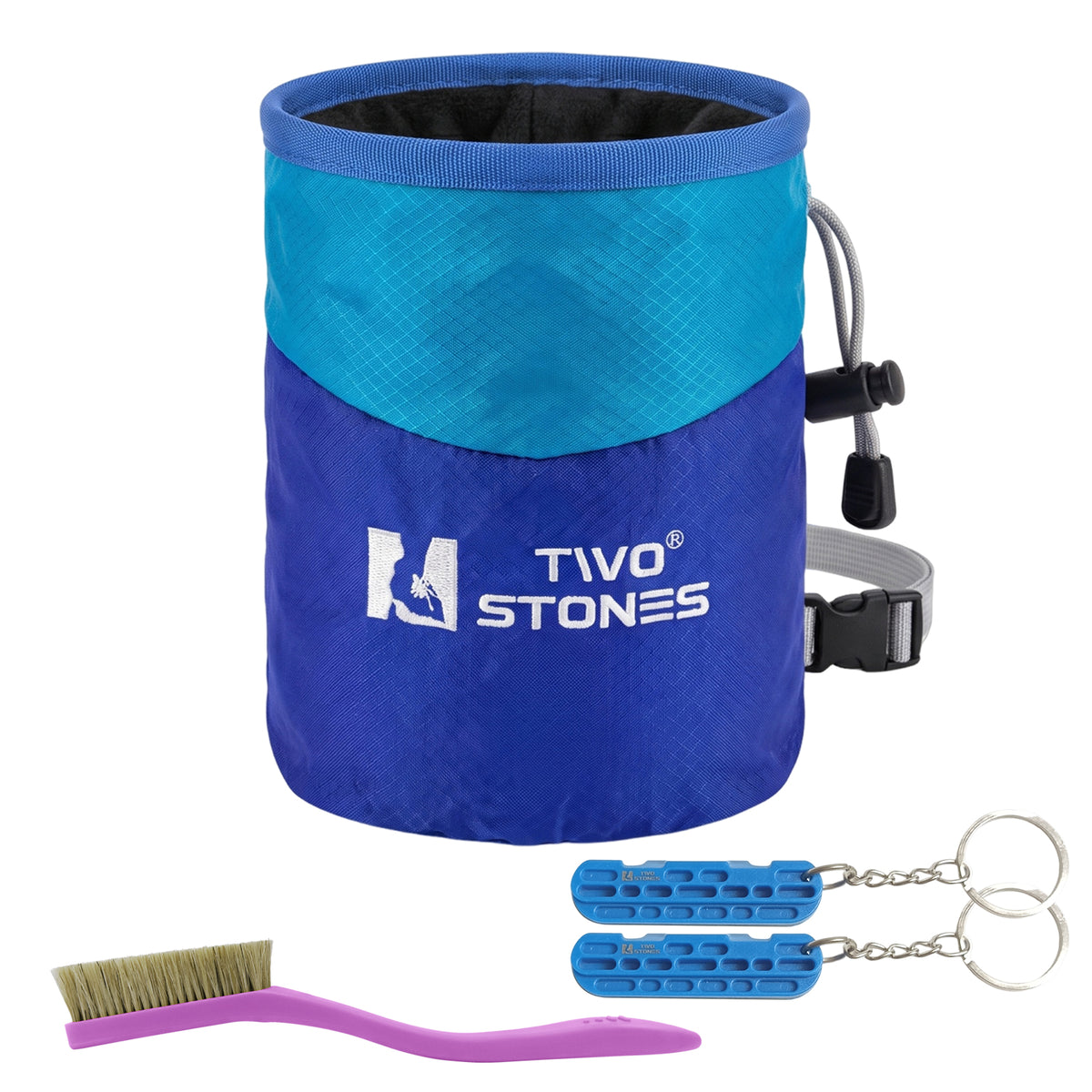 TWO STONES blue climbing chalk bag set with climbing brush and two hand and finger files
