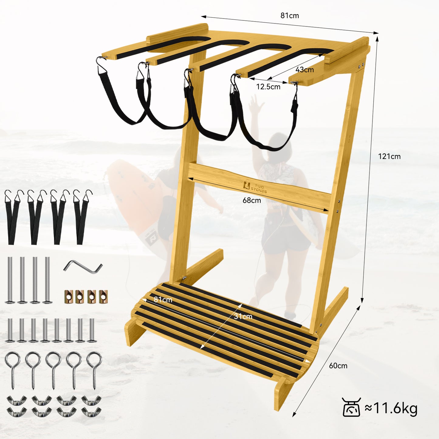 TWO STONES Vertical Surfboard Rack | Surfboard Stand - Surf Rack of Free Wall Mount, Freestanding Surf Board Holder for Shortboard, Paddleboard, Snowboard, Skateboard, Ski and Wakeboard(4 Boards)