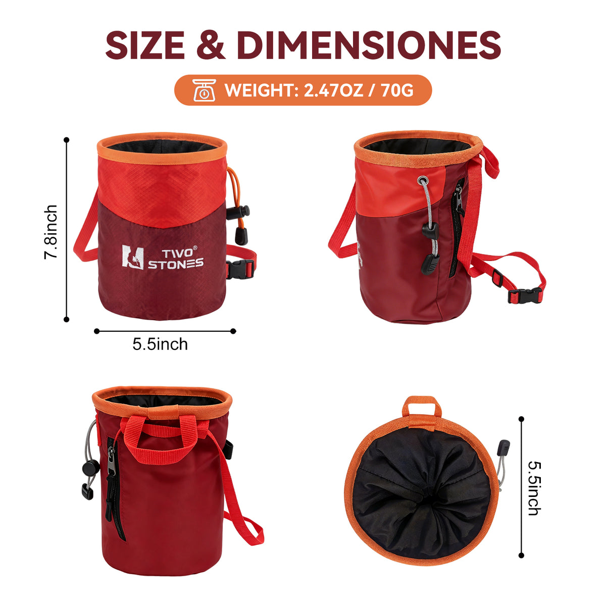 TWO STONES climbing chalk bag size and dimensions in multiple views