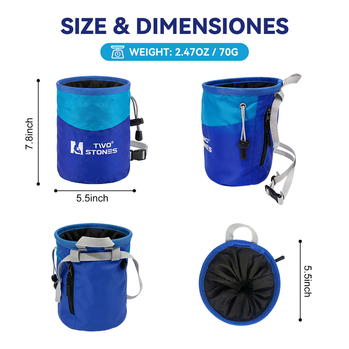 TWO STONES climbing chalk bag size and dimensions in multiple views