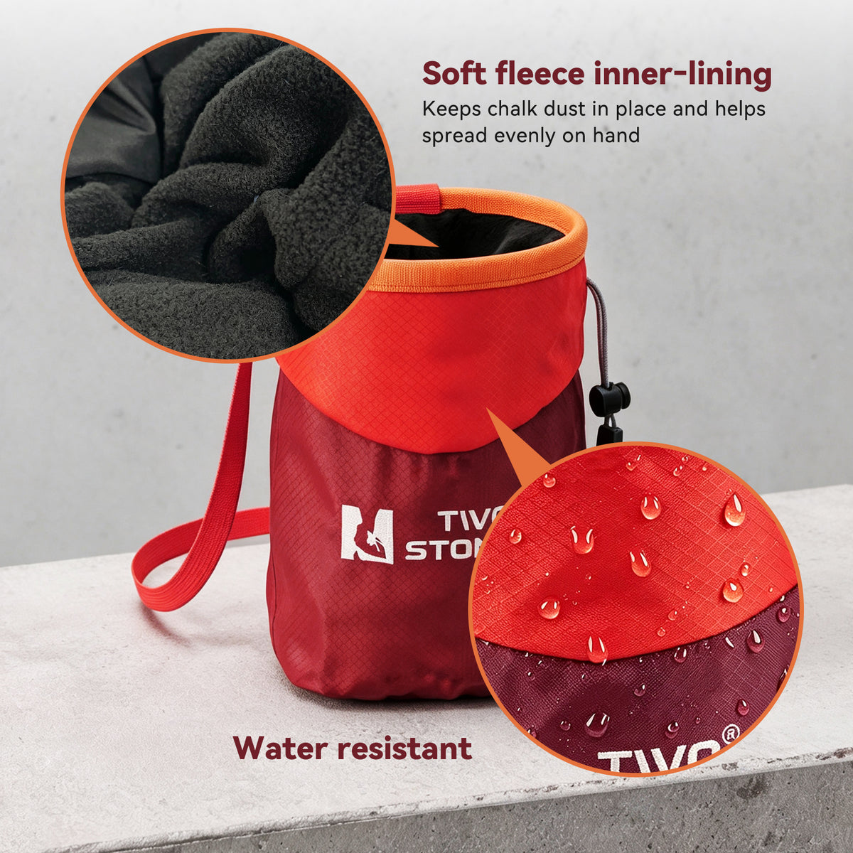 TWO STONES climbing chalk bag with drawcord closure to help prevent chalk spills
