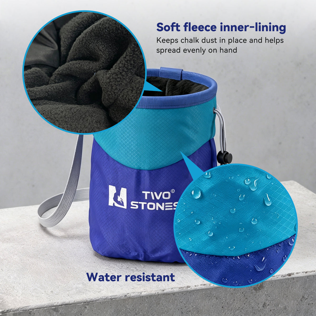 WO STONES climbing chalk bag with drawcord closure to help prevent chalk spills