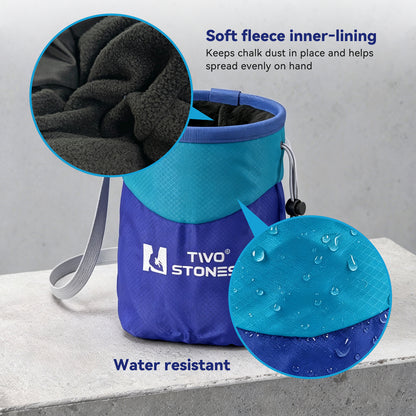 WO STONES climbing chalk bag with drawcord closure to help prevent chalk spills